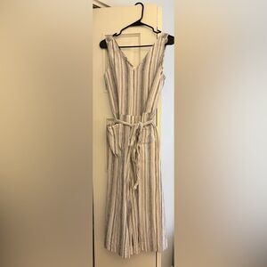 Sleeveless Blue and White Striped V-Neck Belted Jumpsuit